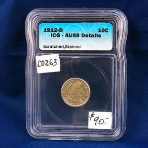 1912 D バーバー ダイム、ICG AU58、ほぼ未使用、ホルダーにグレーディング済み、良質コイン、シルバー ダイム、スライダー、アメリカ コイン