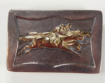 Sterling Silver,14k gold, Race Horse, Belt Buckle, Vintage, Horses, Jockey, Vintage, Hand Made