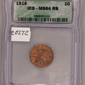 1916 Lincoln Cent, ICG MS64 RB, Gem Uncirculated, Penny, American Coin, Copper Cent, Certified in Holder