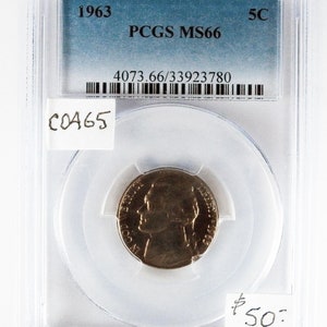 1963 Jefferson 5c, PCGS MS66, Gem Uncirculated, Nickel, American Coin, Graded, Holder, PCGS,