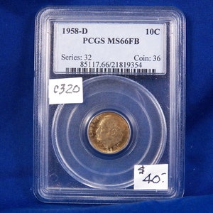 1958 D ルーズベルト シルバー ダイム、PCGS MS66FB、ジェム アンサーキュレート、ホルダーでグレーディング済み、アメリカ コイン、シルバー、PCGS、認定、フルバンド