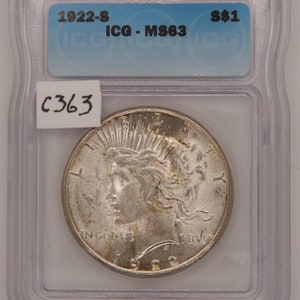 1922 S Peace Silver Dollar, ICG Certified MS63, Graded in Holder, Choice Uncirculated, American Coin, ICG, Peace Dollar, Peace
