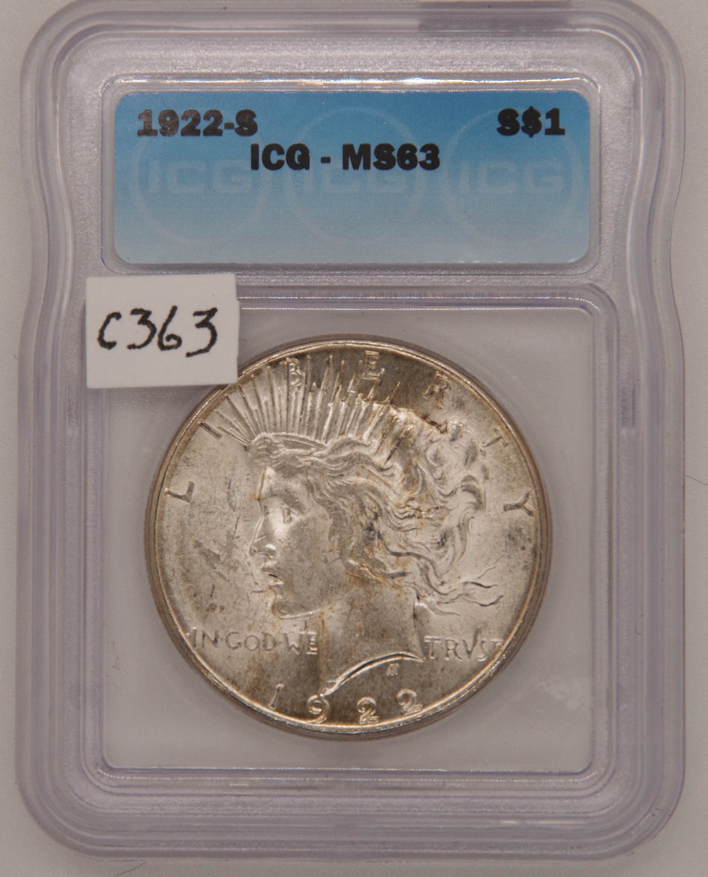 1922 S Peace Silver Dollar, ICG Certified MS63, Graded in