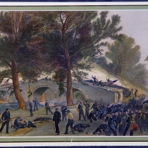 Civil War Era Hand Colored Engraving, The Battle of Antietam, Matted, Framed, Antique,