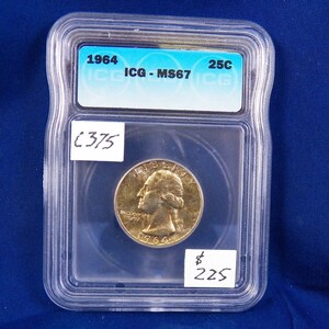1964 Washington Silver Quarter, ICG MS67, Graded in Holder, American Coin, Gem Uncirculated, Washington, twenty five cents, Silver Quarter