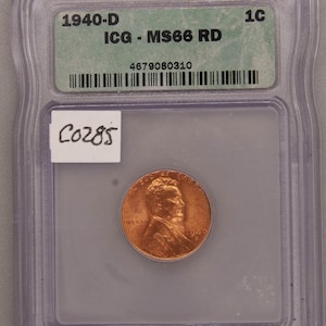 1940 D Lincoln Cent, ICG MS66 RD, Gem Uncirculated, Graded in Holder, Penny, Copper, American Coin, Copper Penny