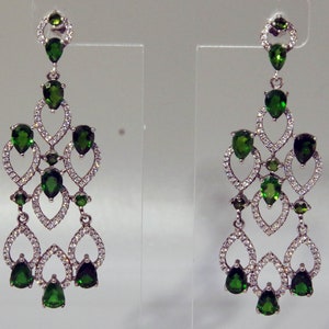 Earrings, Chrome Diopside, CZ, Sterling Silver, Butterfly, Rhodium Plated, Bright Green Color, Prong, Cosplay