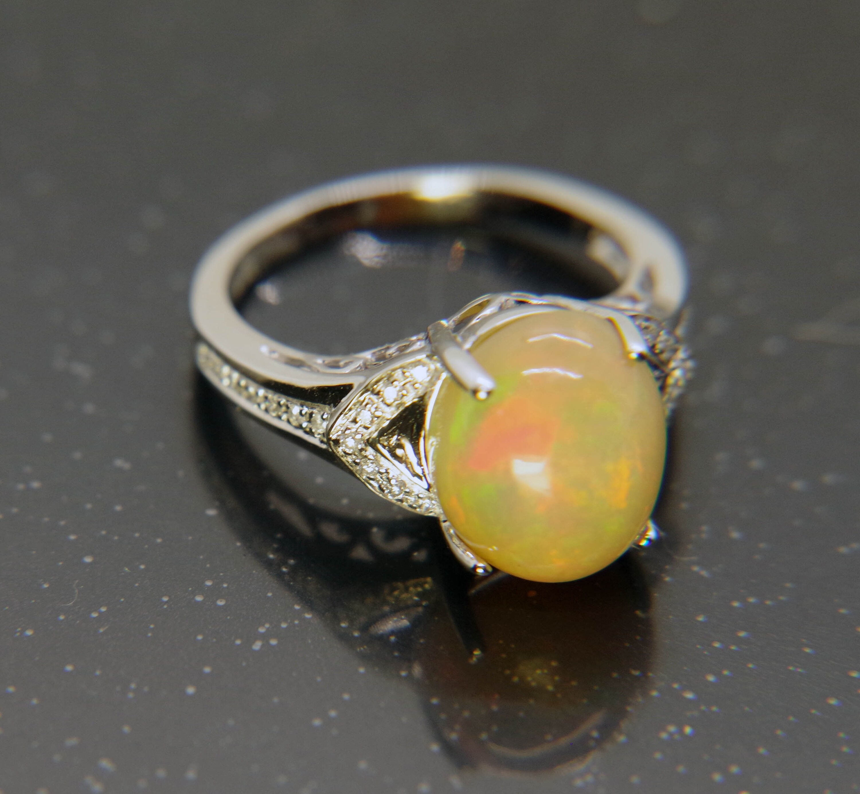 Ethiopian Opal Ladies Ring, Cabochon Cut, High Dome, 14k White Gold, Diamond Accents