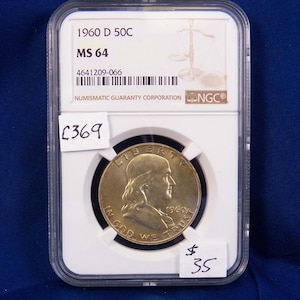 1960 D Franklin  Silver Half Dollar, NGC MS64 , Gem Uncirculated, Graded in Holder, American Coin,ngc