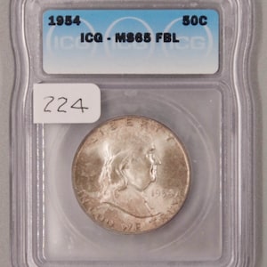 1954年フランクリンハーフシルバーダラー、ICG MS65 FBL、ジェムアンサーキュレート、ホルダーでグレーディング済み、PQ、アメリカコイン、