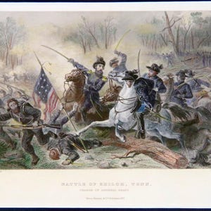 Civil War Hand Colored Etching, Battle of Shiloh, Tenn, The Charge of General Grant, Matted, Framed, COA, CC1864, Antique, Vintage,
