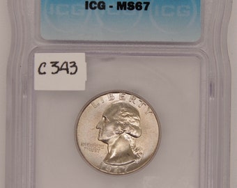 1947 Washington Silver Quarter, ICG MS67, Graded in Holder, American Coin, Gem Uncirculated, Washington, twenty five cents, Silver Quarter