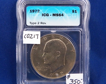 1972, Type 2 Eisenhower  Silver Dollar, ICG, MS64, Gem Uncirculated, Graded in Holder, Rare, American Coin,