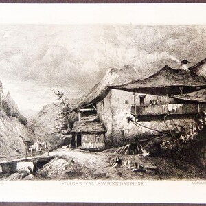1880 Etching, Joseph Soumy (1831 – 1863), Etching, Forges of Allevar in Dauphiny, Matted, Framed, Archival Materials, COA, Antique, Vintage