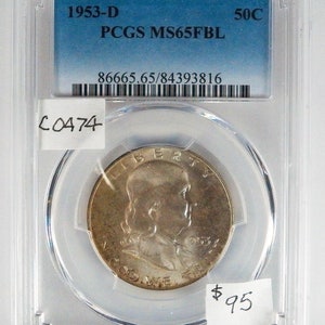 1953 D フランクリン シルバー ハーフ ドル、PCGS MS65 FBL、ジェム アンサーキュレート、ホルダーでグレーディング済み、アメリカ コイン、フル ベル ライン、PCGS、fbl
