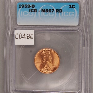 1953 D Lincoln Cent, ICG MS67 RD, Gem Uncirculated, Graded in Holder, Penny, Copper, American Coin, Copper Penny, ICG, Wheat,