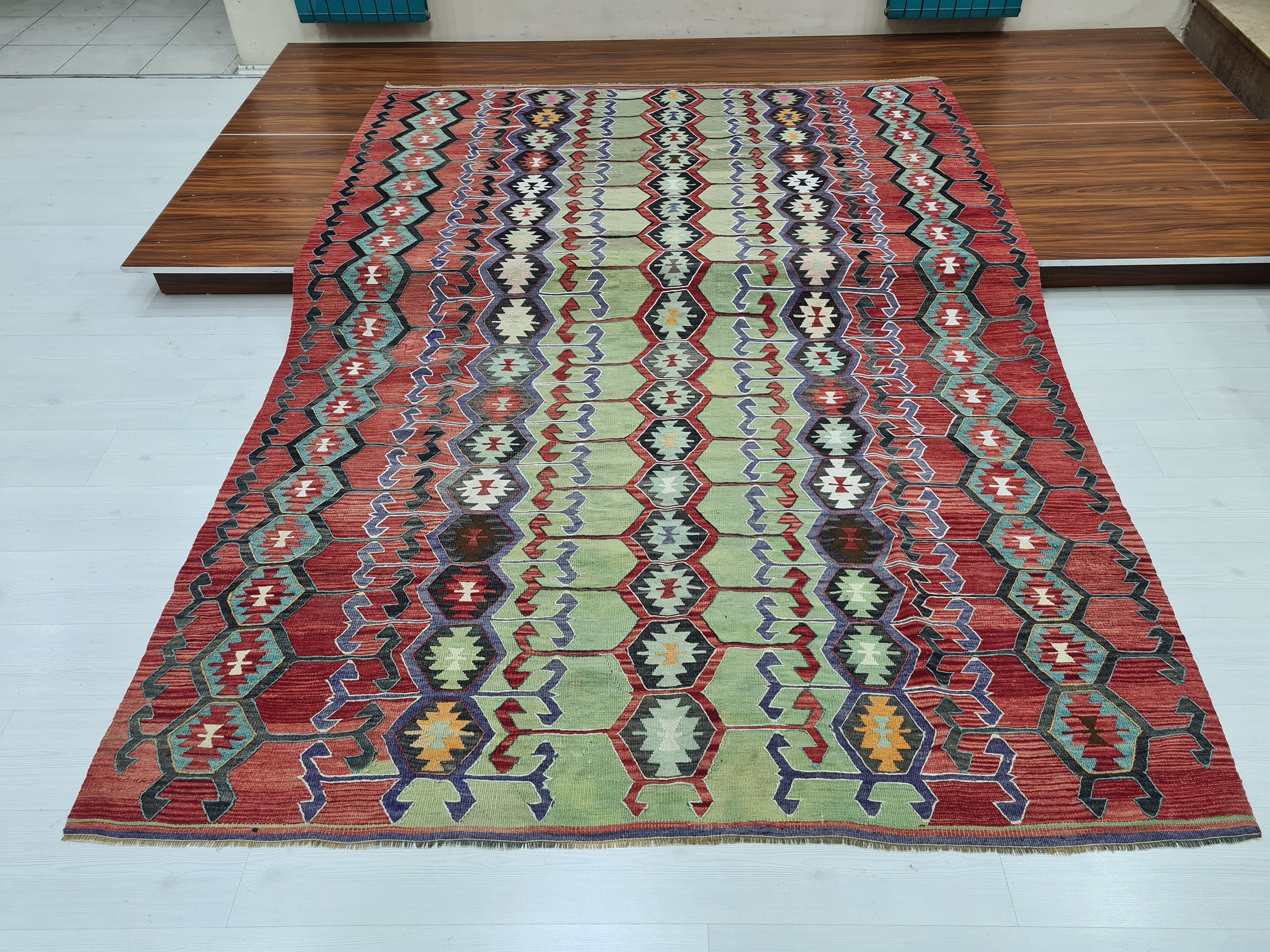Turkish Vintage Red Kurdish Kilim Kitchen Rug 6ft
