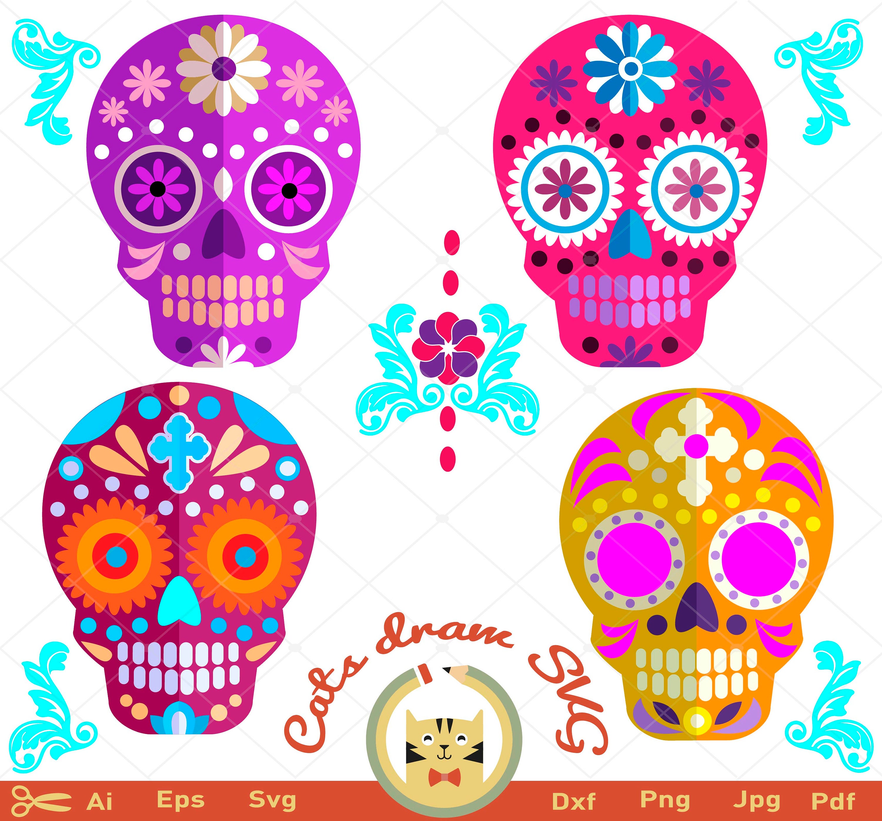 calaveras svg skulls svg EPS Svg Pdf Dxf Png Jpg Silhouette | Etsy