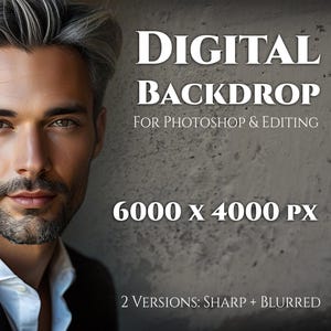 Peut inclure: Image de fond numérique pour Photoshop et l'édition. L'image présente un homme aux cheveux gris et une barbe. Le texte sur l'image indique "DIGITAL BACKDROP FOR PHOTOSHOP & EDITING" et "6000 x 4000 PX". Deux versions sont disponibles : nettes et floues.