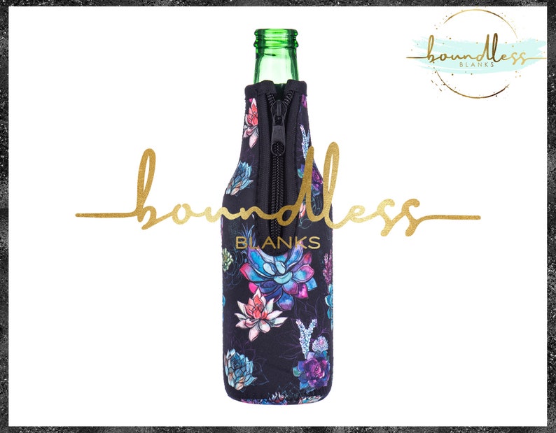 Black Neon Succulent Beer Bottle Drink Hugger l Personalize Monogram Zippered Beverage Insulator l Neoprene Cozy l Custom Design Drinkware