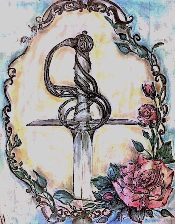 Acheter 2 Obtenir 1 Charbon Gratuit Et Dessin Pastel épée Orignial Et Rose Avec Impression Cadre Victorien Pour La Décoration à La Maison