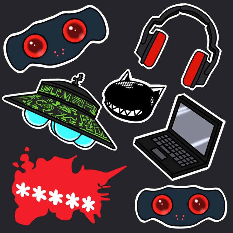 May include: A set of nine colorful stickers featuring various designs, including a UFO, a pair of headphones, a monster, a laptop, and a blood splatter. The stickers are perfect for adding a touch of personality to laptops, water bottles, or notebooks.