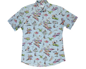 Archive Prada Beach Scene Short Sleeve Blue Print Shirt M