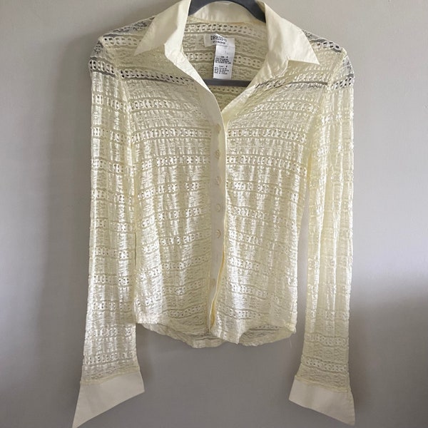 Vintage 90s Cream Sheer Lace Collared Button Up Shirt | Small