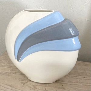 Vintage 1980s Art Deco Style Flat Round Ceramic Vase