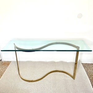 Vintage Mid-Century Hollywood Regency Glass and Brass Clear / Gold Console Table or Vanity