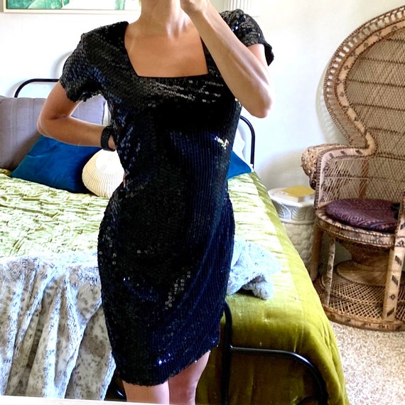 Vintage 80s Black Sequin Square Neck Nite Line Mini Party Shift