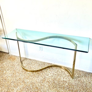 Vintage Mid-Century Hollywood Regency Glass and Brass Clear / Gold Console Table or Vanity