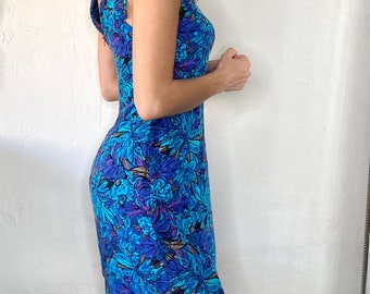 Vintage 1980s Joni Blair 100% Rayon Cottagecore Blue Floral Mini Sun Dress | Small / Medium