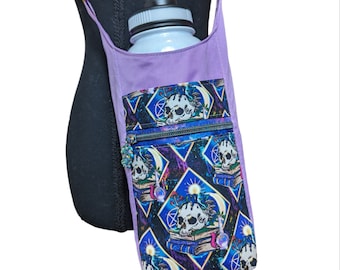 Spooky Galaxy Water Bottle Sling, Witchy Skull Fabric, Handmade