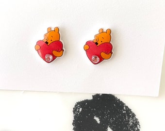 Bear Heart Rhinestone Stud Earrings Handmade acrylic resin