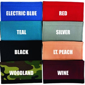 May include: Eight fabric swatches in different colors and patterns. The swatches are labeled with the following colors: Electric Blue, Red, Teal, Silver, Black, Lt. Peach, Woodland, and Wine.