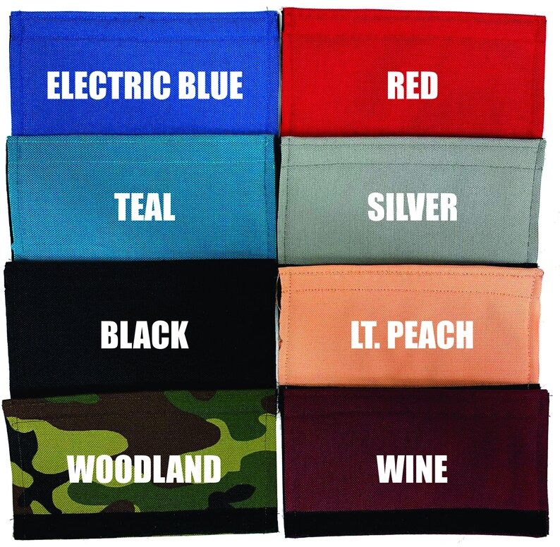 May include: Eight fabric swatches in different colors and patterns. The swatches are labeled with the following colors: Electric Blue, Red, Teal, Silver, Black, Lt. Peach, Woodland, and Wine.