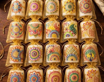 Set of 50 HandPainted Paisley Candles Mehendi Floral Art Pillar Candles Wedding Favor Bohemian Home Decor Unique Spiritual  Meditation Gifts