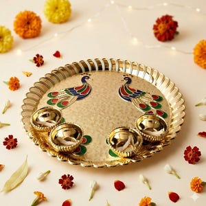 May include: A round gold-toned metal tray featuring two colorful peacock motifs with blue, green, and red enamel detailing. The tray has a scalloped edge and includes four small, matching gold-toned metal bowls arranged on the surface.
