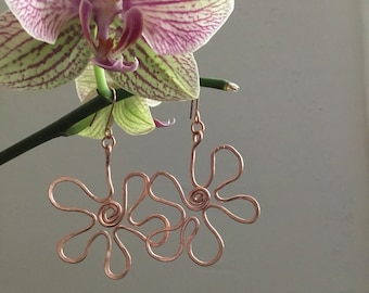 Copper Dangling Earrings - Copper Flower Dangling Earrings - Copper Jewelry - Copper Flower Earrings - Copper Dangles - Unique Jewelry