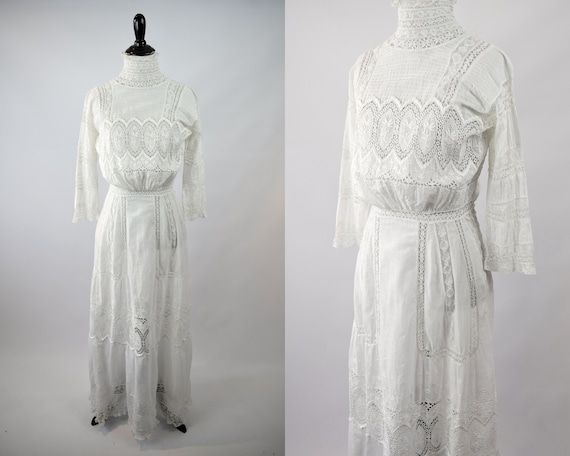 1910s Edwardian Whitework Gown // Antique 1910s Ed