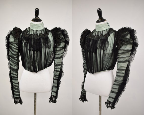 1890s Victorian Mint Green & Black Silk Overlay Mu