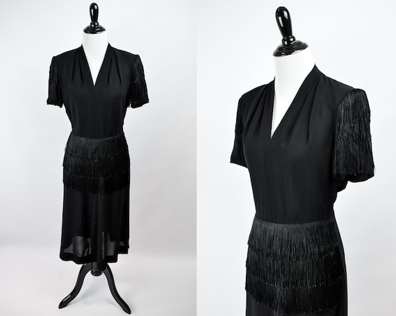 1940s Black Crepe Fringe Cocktail Dress // 1940s B