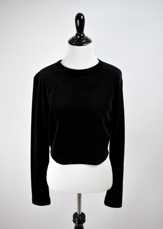 1990s Black Velour Cropped Sweatshirt // 1990s Gr… - image 2