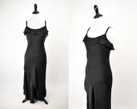 1990s Black Silk Ruffle Sleeveless Gown // Vintage