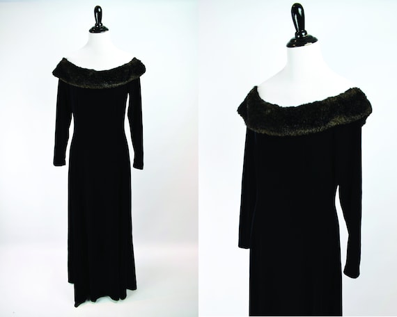 1990s Black Velvet & Faux Fur Off The Shoulder Gow