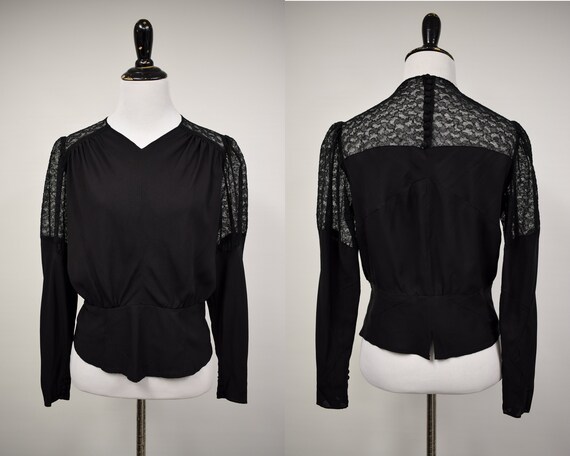 1940s Black Peplum Lace Accent Blouse // Vintage 1
