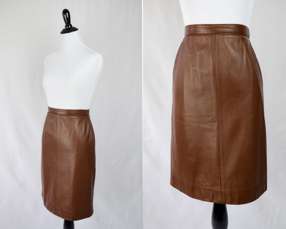 1990s Brown Leather Miniskirt // A Line Brown Leat