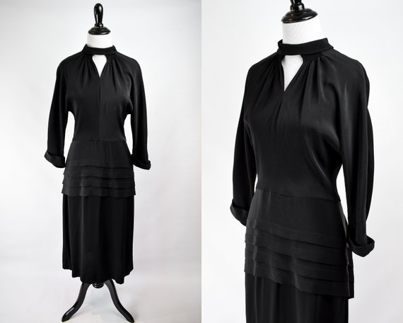 1940s Black Silk Crepe Cutout Dress // Vintage 194