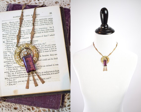 1930s Art Deco Amethyst Czech Glass & Brass Neckla